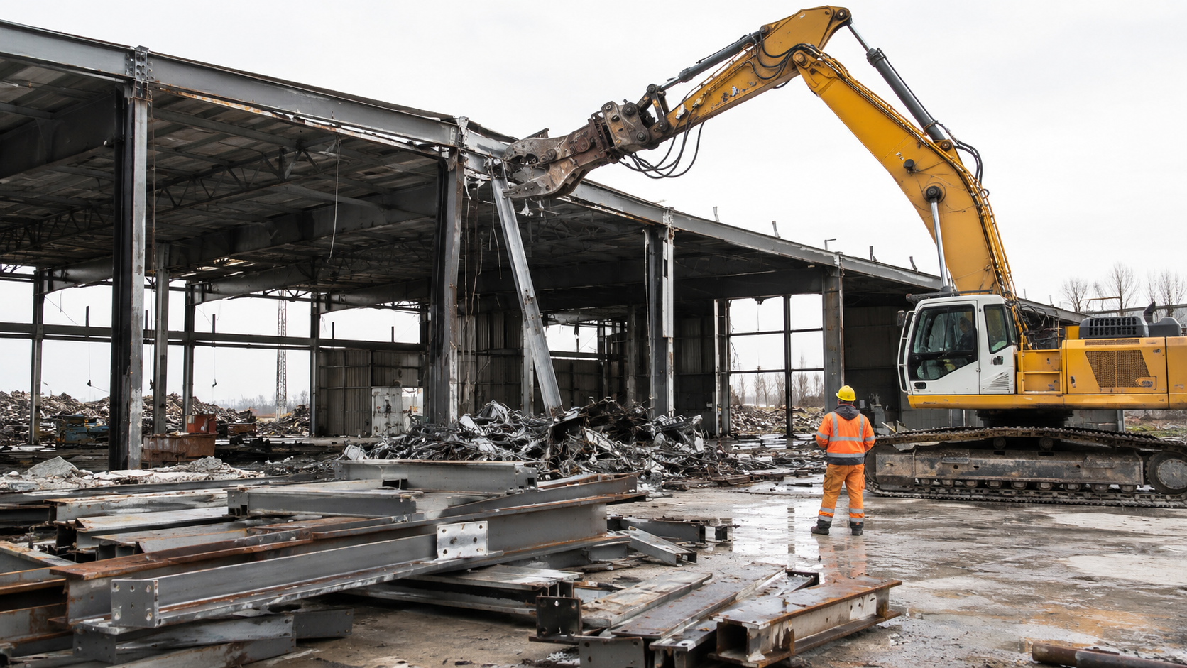 Rückbau einer Stahlhalle mit Bagger und Schrottschere durch Richter Industriedemontagen