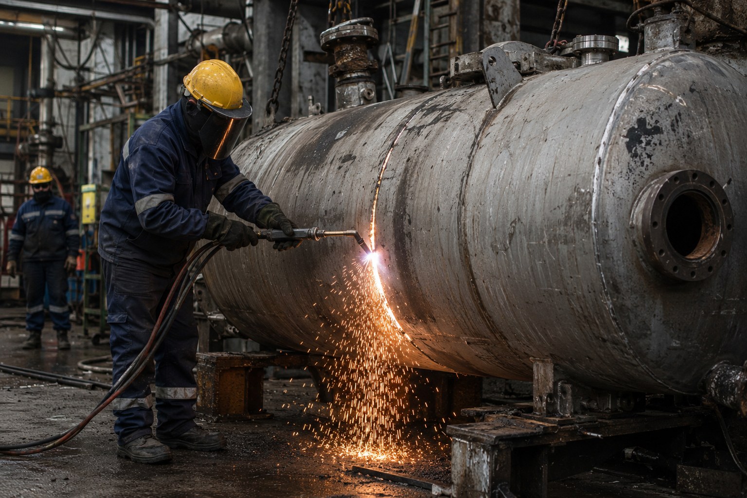 Handgeführtes Plasmaschneiden an einem großen Edelstahltank während der Industriedemontage